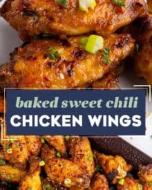 This recipe for juicy and crispy baked chicken wings uses a simple marinade and homemade sweet chili sauce, and a cooking method that yields some of the best wings you’ll have! Perfect for game day tailgates, parties, and more!