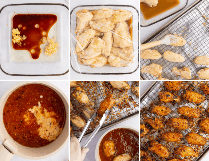 step by step photo collage of how to make sweet chili baked chicken wings.