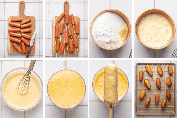 step by step photo collage of how to make mini corn dogs.
