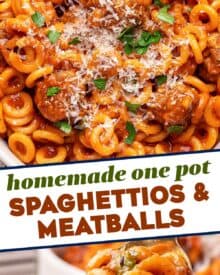Recreate an old childhood favorite, spaghettios and meatballs! All the flavors you love, but minus all the hard to pronounce ingredients and preservatives. Plus it's made entirely in one pot, and if you prep ahead (there's tips in the post) you can have it ready in about 30-45 minutes!