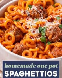 Recreate an old childhood favorite, spaghettios and meatballs! All the flavors you love, but minus all the hard to pronounce ingredients and preservatives. Plus it's made entirely in one pot, and if you prep ahead (there's tips in the post) you can have it ready in about 30-45 minutes!