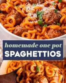 Recreate an old childhood favorite, spaghettios and meatballs! All the flavors you love, but minus all the hard to pronounce ingredients and preservatives. Plus it's made entirely in one pot, and if you prep ahead (there's tips in the post) you can have it ready in about 30-45 minutes!