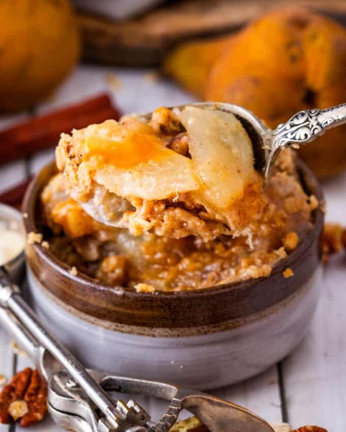 spoonful of pear crisp and caramel