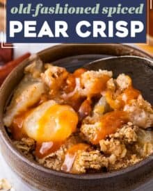 Take a bite out of Fall with this spiced pear crisp! This easy dessert is made the old-fashioned way like Grandma used to make, and is perfect with a scoop of vanilla ice cream and salted caramel sauce drizzled over the top!
