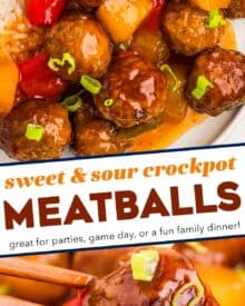 These Sweet and Sour Crockpot Meatballs are made easily with frozen meatballs and cooked low and slow in a mouthwatering sweet and savory sauce! Perfect for parties, game day tailgating, or a fun dinner!