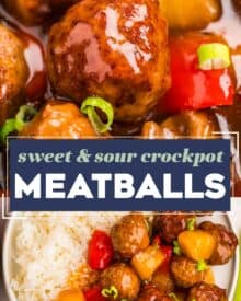 These Sweet and Sour Crockpot Meatballs are made easily with frozen meatballs and cooked low and slow in a mouthwatering sweet and savory sauce! Perfect for parties, game day tailgating, or a fun dinner!