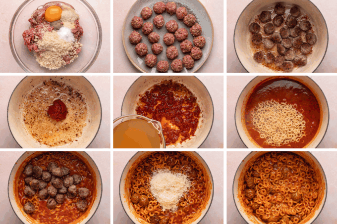step by step photo collage of how to make homemade spaghettios