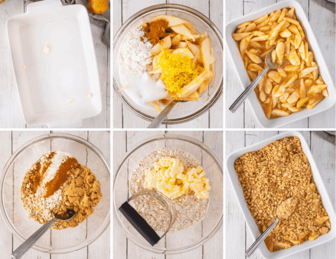 step by step photo collage of how to make spiced pear crisp