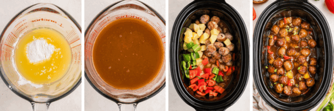 step by step photo collage of how to make sweet and sour crockpot meatballs