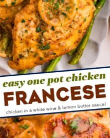 Chicken francese is a simple yet delicious dinner made of juicy thin-sliced chicken breasts that are seared, then smothered in a lemon and white wine butter sauce. Made with simple ingredients, in one pan, and in less than 45 minutes, including prep time!