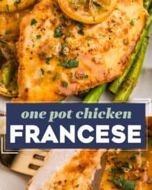 Chicken francese is a simple yet delicious dinner made of juicy thin-sliced chicken breasts that are seared, then smothered in a lemon and white wine butter sauce. Made with simple ingredients, in one pan, and in less than 45 minutes, including prep time!