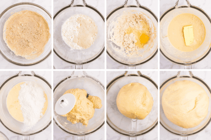 step by step photo collage of how to make brioche rolls
