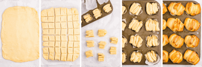 step by step photo collage of how to assemble pull apart dinner rolls