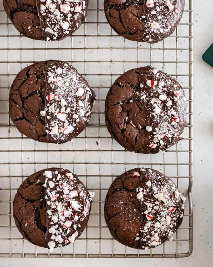 chocolate peppermint cake mix cookies on a cooling rack.