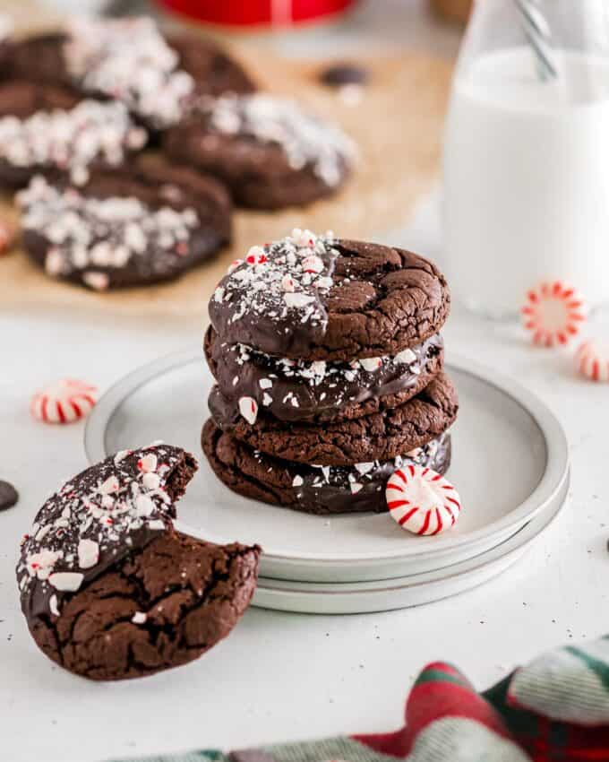 stack of cake mix cookies on small plates with peppermints.