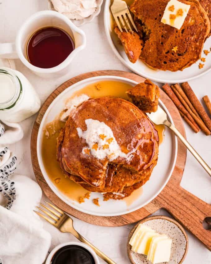 overhead photo of a gingerbread pancake spread on a table
