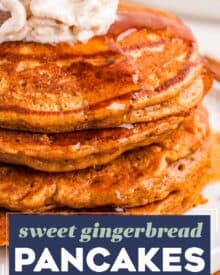 Start a frigid morning off right with a big stack of these fluffy and melt in your mouth gingerbread pancakes. These pancakes are so tender, and loaded with molasses and warm and cozy spices!
