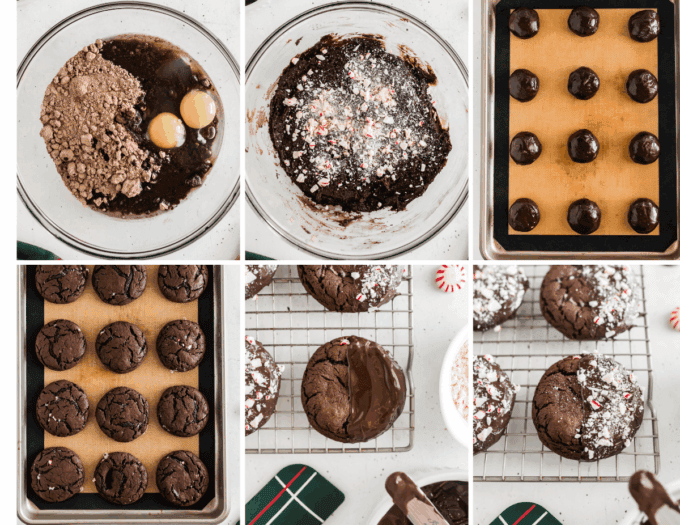 step by step photo collage of how to make chocolate peppermint cake mix cookies