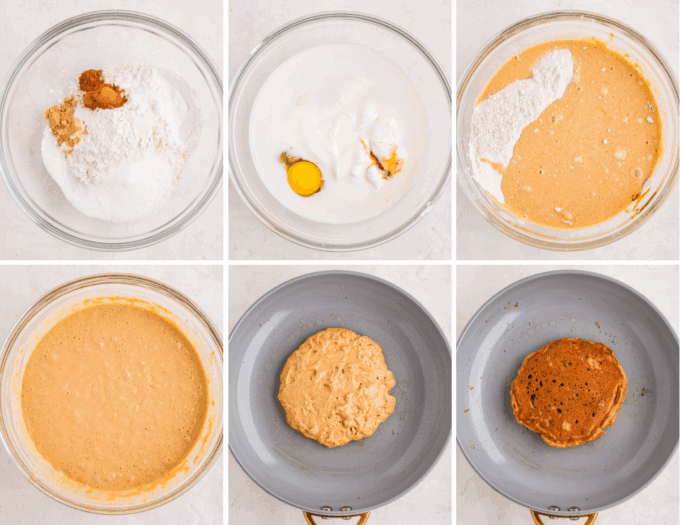 step by step photo collage of how to make gingerbread pancakes