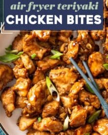 Succulent chicken bites, marinated in a homemade teriyaki sauce, then air fried until juicy and golden brown. Brushed with additional teriyaki sauce, this chicken is fantastic over some rice with broccoli and great for meal prep or an easy dinner idea!