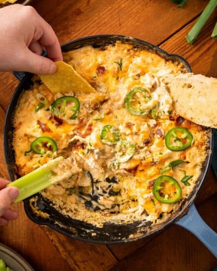 Everything you love about a creamy jalapeño popper dip, combined with cheesy shredded chicken! Great as a dip, served over a baked potato or pasta, or as a fun dinner idea.