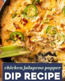 Everything you love about a creamy jalapeño popper dip, combined with cheesy shredded chicken! Great as a dip, served over a baked potato or pasta, or as a fun dinner idea.