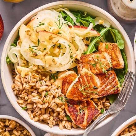 overhead photo of salmon grain bowl with a fork