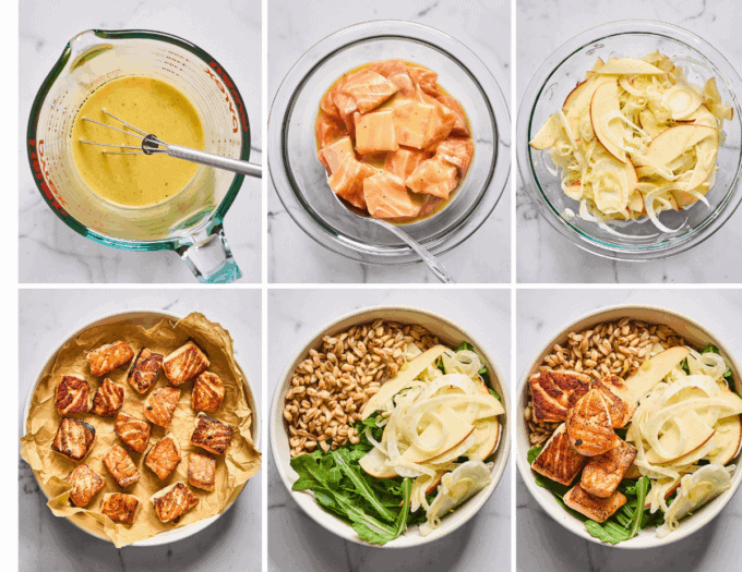 step by step photos of how to make a salmon grain bowl with maple dijon dressing