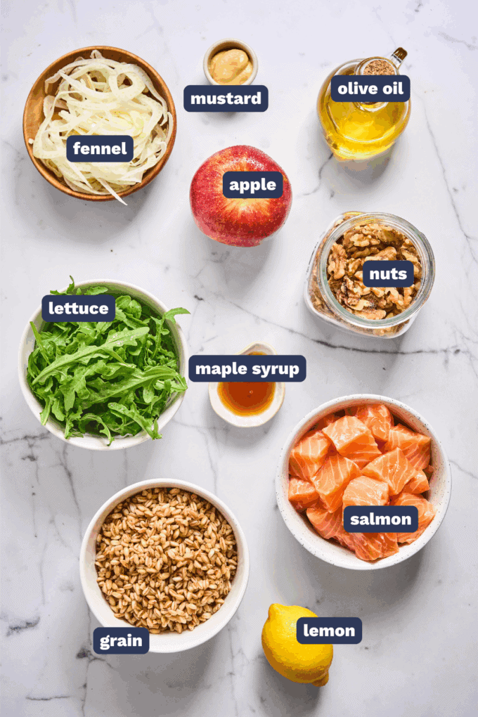 ingredients needed to make a maple dijon salmon grain bowl