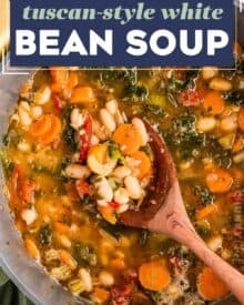 This hearty yet light tuscan white bean soup is a filling vegetarian meal that's easy to make in one pot on the stovetop! Easy to change up to your family's tastes, you'll love a big bowl of this comforting soup.