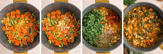 step by step photo collage of how to make tuscan-style white bean soup