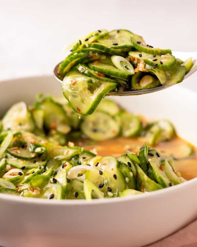serving spoon full of sliced asian cucumber salad