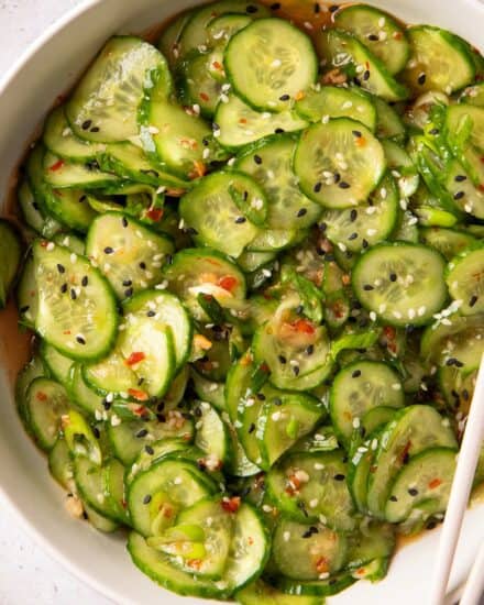 This asian cucumber salad is the perfect blend of crunchy, spicy, savory, a little sweet, and is oh-so refreshing! We love to have this alongside any takeout-style dinner, and it comes together quickly.