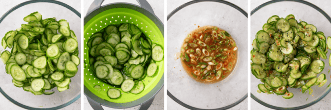 step by step photo collage of how to make an asian cucumber salad