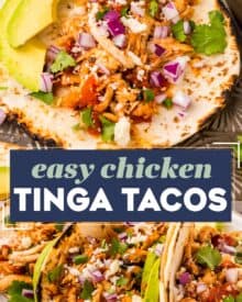 These easy chicken tinga tacos are made with tender and juicy shredded chicken that's simmered in a bold and smoky chipotle sauce! The chicken is perfect in tacos, burritos, enchiladas, nachos, and more!