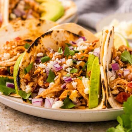 white plate with three chicken tinga tacos