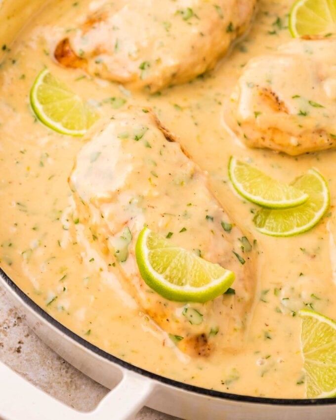 close up photo of a chicken breast smothered in coconut lime sauce