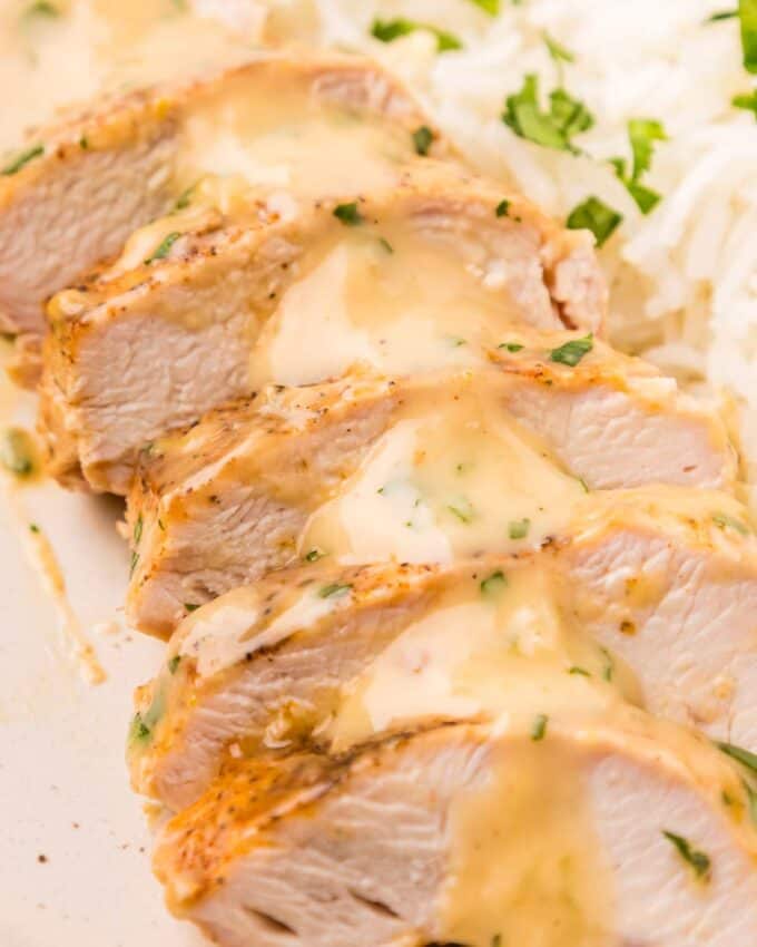 slices of chicken drizzled with coconut lime sauce