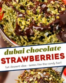 All the flavors you love about the insanely viral, (and delicious) dubai chocolate bar, combined with fresh sweet strawberries! It's an easy no bake dessert idea, and is sure to be a crowd-pleaser!