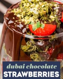 All the flavors you love about the insanely viral, (and delicious) dubai chocolate bar, combined with fresh sweet strawberries! It's an easy no bake dessert idea, and is sure to be a crowd-pleaser!