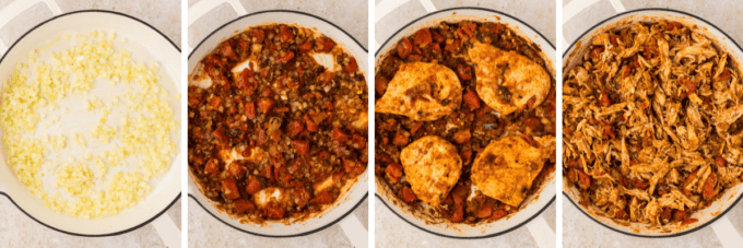 step by step photo collage of how to make chicken tinga tacos