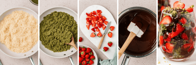 step by step photo collage of how to make dubai chocolate strawberries