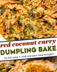 This dumpling bake went viral on TikTok and for good reason! Simple frozen dumplings are nestled into a silky and ultra-flavorful red coconut curry sauce, and it's all made (and assembled!) in just one pan. It's the perfect low-effort dinner that looks seriously impressive! #dumplings #easydinner #asianrecipe #viralrecipe