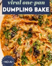 This dumpling bake went viral on TikTok and for good reason! Simple frozen dumplings are nestled into a silky and ultra-flavorful red coconut curry sauce, and it's all made (and assembled!) in just one pan. It's the perfect low-effort dinner that looks seriously impressive! #dumplings #easydinner #asianrecipe #viralrecipe