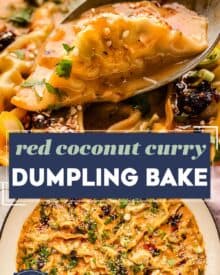 This dumpling bake went viral on TikTok and for good reason! Simple frozen dumplings are nestled into a silky and ultra-flavorful red coconut curry sauce, and it's all made (and assembled!) in just one pan. It's the perfect low-effort dinner that looks seriously impressive! #dumplings #easydinner #asianrecipe #viralrecipe