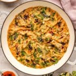 overhead photo of dumpling bake in a round dish