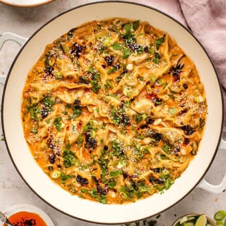 overhead photo of dumpling bake in a round dish