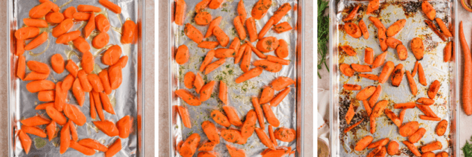 step by step photo collage of how to make honey dill roasted carrots