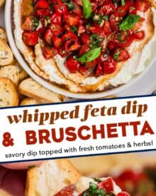 This no-cook bruschetta dip is perfect for summer gatherings or potlucks! It features juicy tomatoes, basil, garlic, balsamic vinegar, all on top of a rich, creamy whipped feta base. Made in minutes, it's great with crusty bread, crackers, and more.