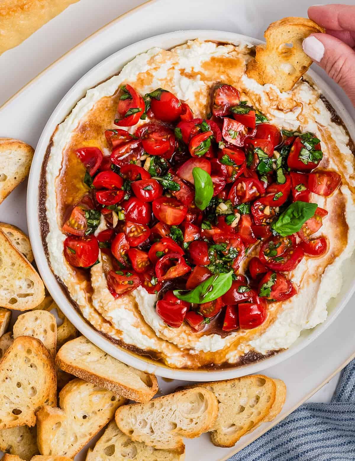 This no-cook bruschetta dip is perfect for summer gatherings or potlucks! It features juicy tomatoes, basil, garlic, balsamic vinegar, all on top of a rich, creamy whipped feta base. Made in minutes, it's great with crusty bread, crackers, and more.